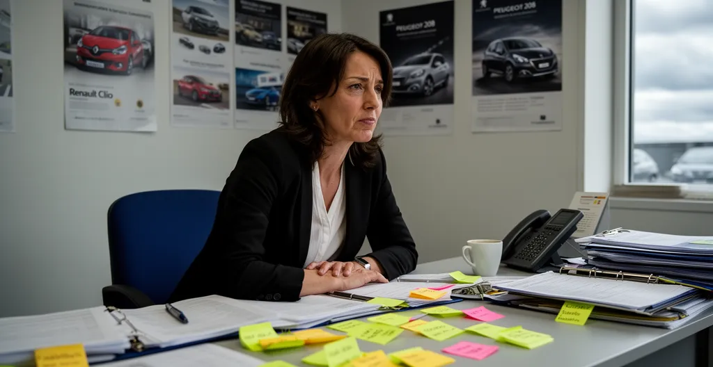 Bureau désordonné avec post-its et classeurs illustrant gestion manuelle d'agence location