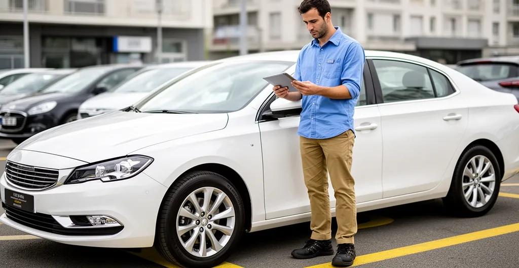 Technicien réalisant état des lieux véhicule avec tablette dans parking agence location