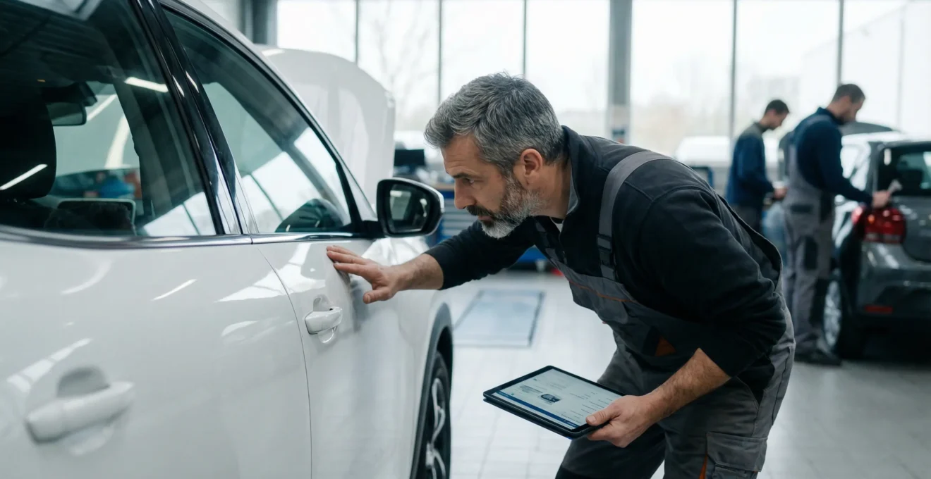 Technicien automobile inspectant la carrosserie d'un véhicule de location avec tablette