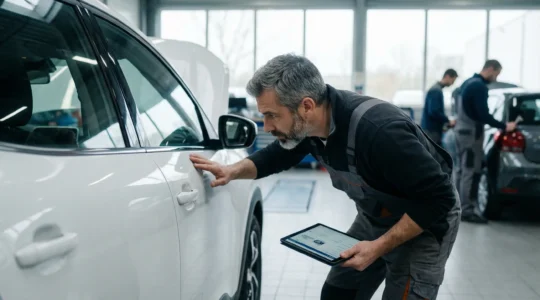 Technicien automobile inspectant la carrosserie d'un véhicule de location avec tablette