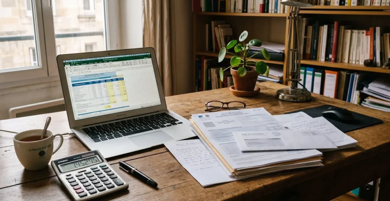 Documents fiscaux LMNP et formulaires de déclaration posés sur une table de travail dans un bureau d'expert-comptable à Toulouse